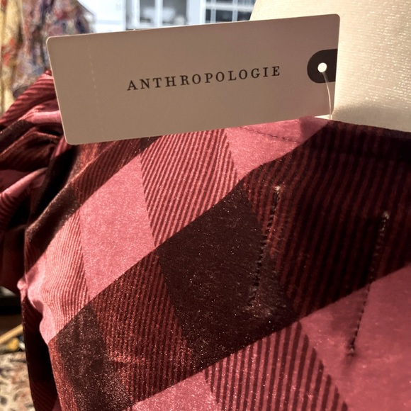 Maeve Pink and Brown Velvet Plaid Ruffled Tie Front Babydoll Blouse L - Picture 3 of 6